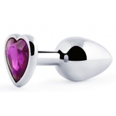 Серебристая анальная пробка с фиолетовым кристаллом-сердечком - 8 см. - Anal Jewelry Plug - купить с доставкой в Долгопрудном