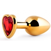 Золотистая анальная пробка с красным стразом-сердечком - 8 см. - Anal Jewelry Plug - купить с доставкой в Долгопрудном
