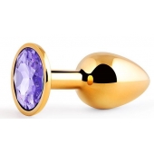Золотистая анальная пробка с фиолетовым стразом - 7,2 см. - Anal Jewelry Plug - купить с доставкой в Долгопрудном