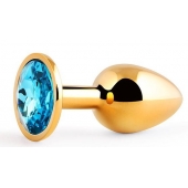 Золотистая анальная пробка с голубым стразом - 7,2 см. - Anal Jewelry Plug - купить с доставкой в Долгопрудном