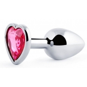 Серебристая анальная пробка с розовым кристаллом-сердечком - 7 см. - Anal Jewelry Plug - купить с доставкой в Долгопрудном