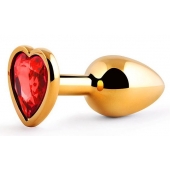 Золотистая анальная пробка с красным стразом-сердечком - 7 см. - Anal Jewelry Plug - купить с доставкой в Долгопрудном