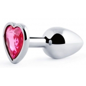 Серебристая анальная пробка с малиновым кристаллом-сердечком - 7 см. - Anal Jewelry Plug - купить с доставкой в Долгопрудном
