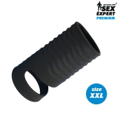 Черная открытая насадка на пенис с кольцом для мошонки XXL-size - 9,4 см. - Sex Expert - в Долгопрудном купить с доставкой
