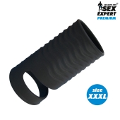Черная открытая насадка на пенис с кольцом для мошонки XXXL-size - 9,9 см. - Sex Expert - в Долгопрудном купить с доставкой