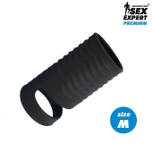 Черная открытая насадка на пенис с кольцом для мошонки size M - 7,9 см. - Sex Expert - в Долгопрудном купить с доставкой