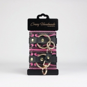 Черные кожаные наручники с розовой строчкой - Crazy Handmade - купить с доставкой в Долгопрудном