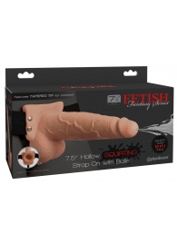 Телесный полый страпон с имитацией эякуляции 7.5  Hollow Squirting Strap-On with Balls Flesh - 21,6 см. - Pipedream - купить с доставкой в Долгопрудном