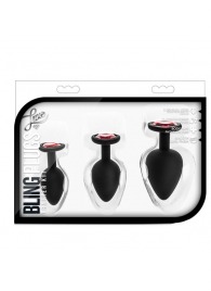 Набор черных анальных пробок с красным кристаллом-сердечком Bling Plugs Training Kit - Blush Novelties - купить с доставкой в Долгопрудном