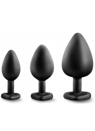 Набор из 3 черных пробок с прозрачным кристаллом-сердечком Bling Plugs Training Kit - Blush Novelties - купить с доставкой в Долгопрудном