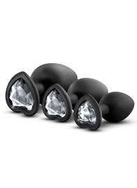 Набор из 3 черных пробок с прозрачным кристаллом-сердечком Bling Plugs Training Kit - Blush Novelties - купить с доставкой в Долгопрудном