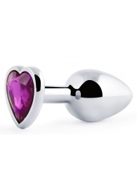 Серебристая анальная пробка с фиолетовым кристаллом-сердечком - 8 см. - Anal Jewelry Plug - купить с доставкой в Долгопрудном