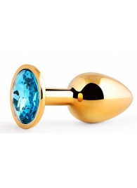 Золотистая анальная пробка с голубым стразом - 7,2 см. - Anal Jewelry Plug - купить с доставкой в Долгопрудном