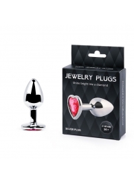 Серебристая анальная пробка с малиновым кристаллом-сердечком - 7 см. - Anal Jewelry Plug - купить с доставкой в Долгопрудном