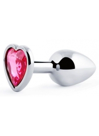 Серебристая анальная пробка с малиновым кристаллом-сердечком - 7 см. - Anal Jewelry Plug - купить с доставкой в Долгопрудном