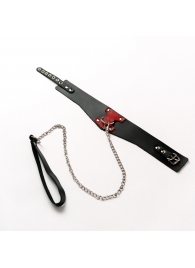 Черный широкий ошейник с красным декором и поводком - Crazy Handmade - купить с доставкой в Долгопрудном