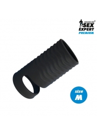 Черная открытая насадка на пенис с кольцом для мошонки size M - 7,9 см. - Sex Expert - в Долгопрудном купить с доставкой