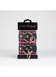 Черные кожаные наручники с розовой строчкой - Crazy Handmade - купить с доставкой в Долгопрудном