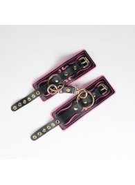 Черные кожаные наручники с розовой строчкой - Crazy Handmade - купить с доставкой в Долгопрудном