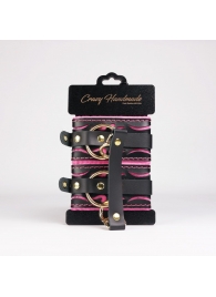 Черные кожаные оковы с розовой строчкой - Crazy Handmade - купить с доставкой в Долгопрудном