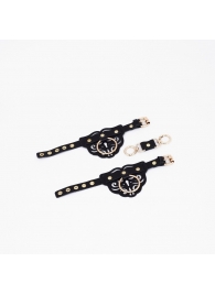 Черные кожаные наручники с клепками, кольцами и золотистой фурнитурой - Crazy Handmade - купить с доставкой в Долгопрудном