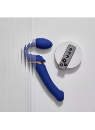 Синий безремневой страпон Multi Orgasm Bendable Strap-On size L с клиторальной стимуляцией - Strap-on-me - купить с доставкой в Долгопрудном