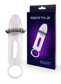 Закрытая насадка на пенис с подхватом мошонки и стимулирующими «ресничками» - Sextaz - в Долгопрудном купить с доставкой