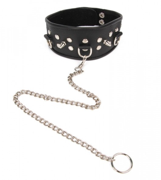 Черный ошейник с шипами и металлическим поводком-цепочкой - Notabu - купить с доставкой в Долгопрудном