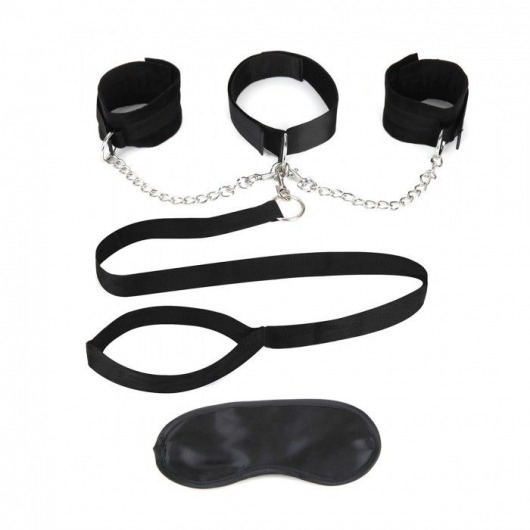 Чёрный ошейник с наручниками и поводком Collar Cuffs   Leash Set - Lux Fetish - купить с доставкой в Долгопрудном