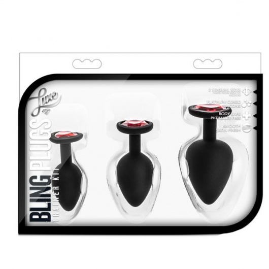 Набор черных анальных пробок с красным кристаллом-сердечком Bling Plugs Training Kit - Blush Novelties - купить с доставкой в Долгопрудном