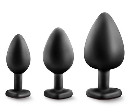 Набор черных анальных пробок с красным кристаллом-сердечком Bling Plugs Training Kit - Blush Novelties - купить с доставкой в Долгопрудном