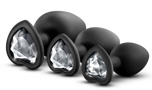 Набор из 3 черных пробок с прозрачным кристаллом-сердечком Bling Plugs Training Kit - Blush Novelties - купить с доставкой в Долгопрудном
