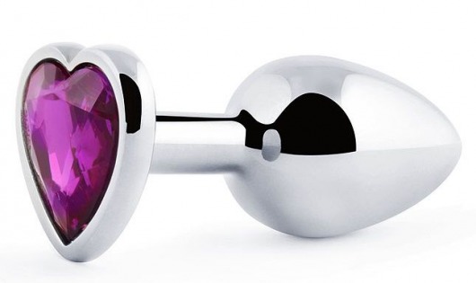 Серебристая анальная пробка с фиолетовым кристаллом-сердечком - 8 см. - Anal Jewelry Plug - купить с доставкой в Долгопрудном
