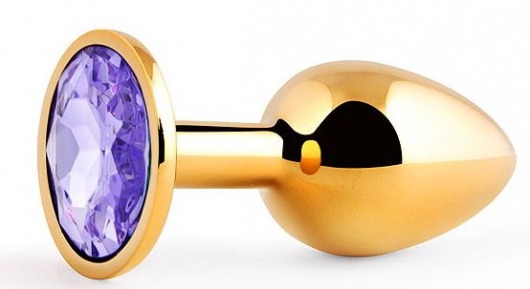 Золотистая анальная пробка с фиолетовым стразом - 7,2 см. - Anal Jewelry Plug - купить с доставкой в Долгопрудном