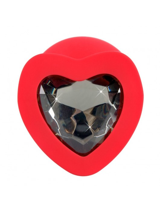 Красная силиконовая анальная пробка с черным стразом-сердечком - 9,3 см. - Orion - купить с доставкой в Долгопрудном