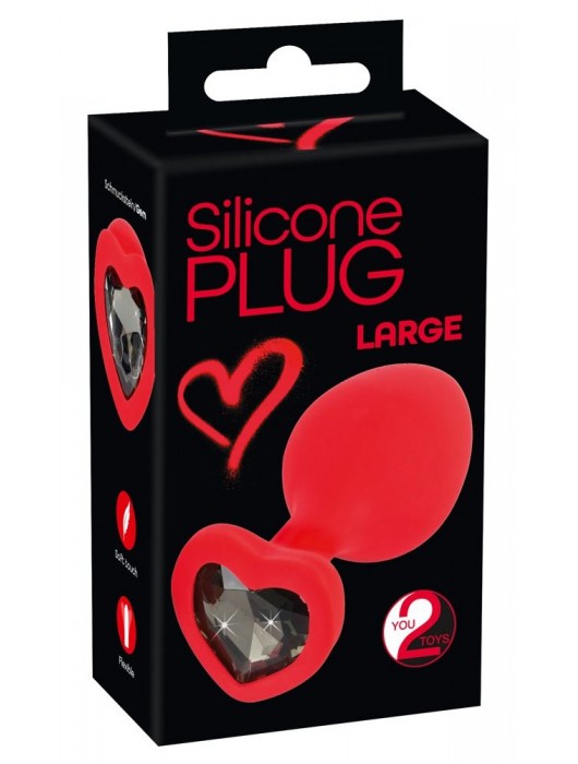 Красная силиконовая анальная пробка с черным стразом-сердечком - 9,3 см. - Orion - купить с доставкой в Долгопрудном