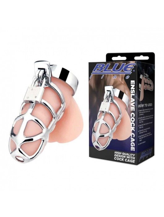 Серебристая металлическая клетка для члена с замком Enslave Cock Cage - BlueLine - купить с доставкой в Долгопрудном