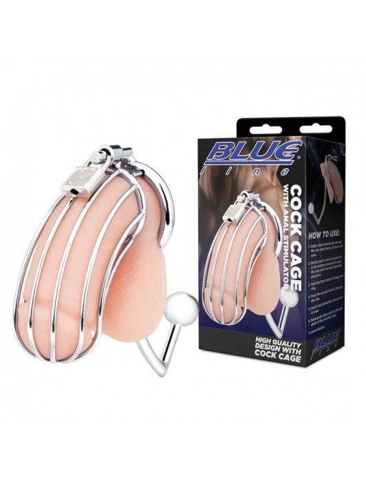 Серебристая металлическая клетка с анальным стимулятором Cock Cage - BlueLine - купить с доставкой в Долгопрудном