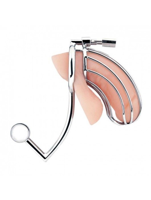 Серебристая металлическая клетка с анальным стимулятором Cock Cage - BlueLine - купить с доставкой в Долгопрудном