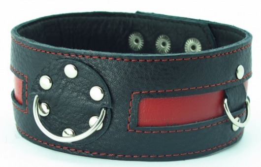 Чёрный кожаный ошейник с красной полосой и кольцами - БДСМ Арсенал - купить с доставкой в Долгопрудном