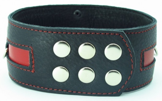 Чёрный кожаный ошейник с красной полосой и кольцами - БДСМ Арсенал - купить с доставкой в Долгопрудном