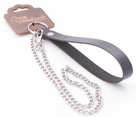 Серебристый металлический поводок с кожаной черной ручкой - 80 см. - Crazy Handmade - купить с доставкой в Долгопрудном
