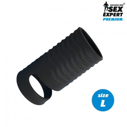 Черная открытая насадка на пенис с кольцом для мошонки L-size - 8,5 см. - Sex Expert - в Долгопрудном купить с доставкой