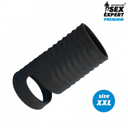 Черная открытая насадка на пенис с кольцом для мошонки XXL-size - 9,4 см. - Sex Expert - в Долгопрудном купить с доставкой