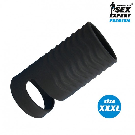 Черная открытая насадка на пенис с кольцом для мошонки XXXL-size - 9,9 см. - Sex Expert - в Долгопрудном купить с доставкой