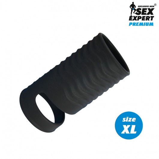 Черная открытая насадка на пенис с кольцом для мошонки XL-size - 8,9 см. - Sex Expert - в Долгопрудном купить с доставкой