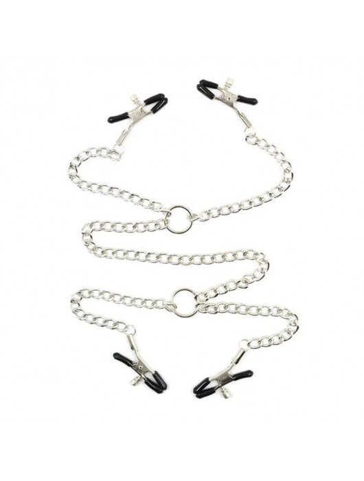 Серебристые зажимы для сосков и половых губ на тонкой цепочке - Notabu - купить с доставкой в Долгопрудном