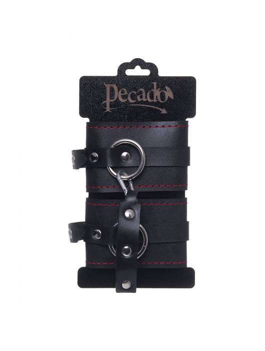 Черные кожаные однослойные оковы с контрастной строчкой - Pecado - купить с доставкой в Долгопрудном