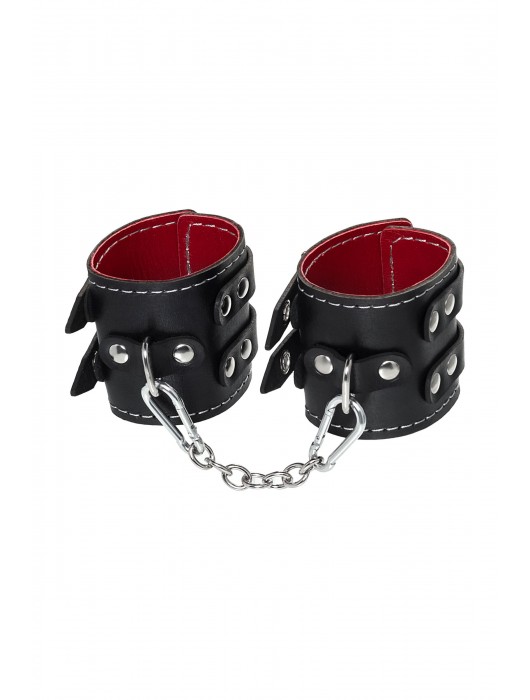 Черные кожаные наручники с двумя ремнями и красной подкладкой - Pecado - купить с доставкой в Долгопрудном