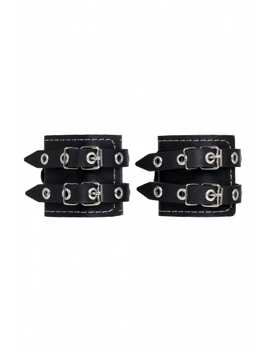 Черные кожаные наручники с двумя ремнями и красной подкладкой - Pecado - купить с доставкой в Долгопрудном